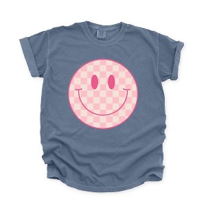 Simply Sage Market Women's Pink Checker Smiley Face Short Sleeve Garment Dyed Tee - 1 of 4