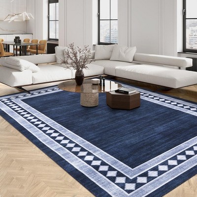 Area Rug Solid Bordered Rug Modern Geometric Boho Rug, 8' x 10' Blue