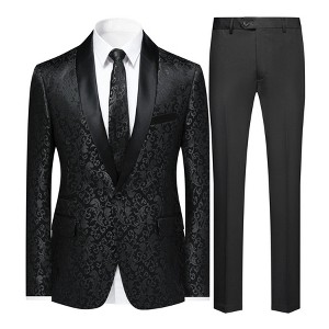 Cloudstyle Mens 2 Piece Floral Jacquard Dress Suit Set 1 Button Print Dinner Jacket Pants - 1 of 4