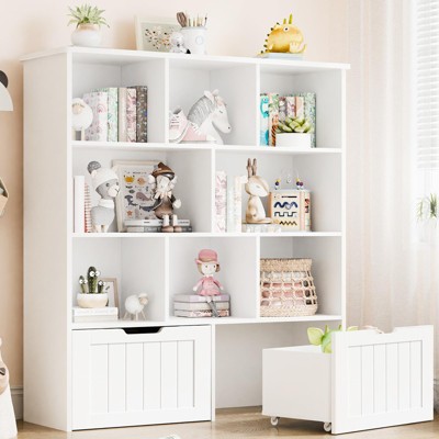 Kids Bookshelf with 8 Cubbies & 2 Movable Drawers, Multifunctional Toy Storage Organizer, White