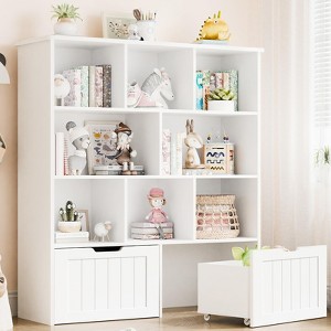 Kids Bookshelf with 8 Cubbies & 2 Movable Drawers, Multifunctional Toy Storage Organizer, White - 1 of 4