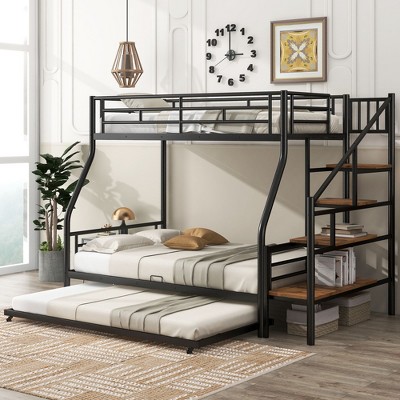 NicBex Twin over Full Bunk Bed Metal Bed Frame with Trundle, Storage Stairs and Full Length Guardrail, Space Saving, No Box Spring Required