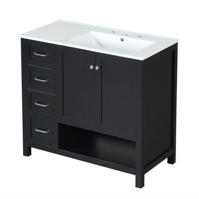 PDTEND 36" Bathroom Vanity Sink Combo, Solid Wood Bathroom Storage Cabinet with 2 Doors and 2 Drawers, Open shelf, MDF