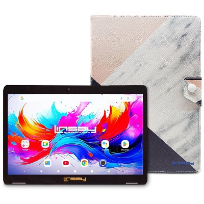 LINSAY 10.1"Octa Core  256GB Storage Android 15 Tablet with Black Pink White Marble Case