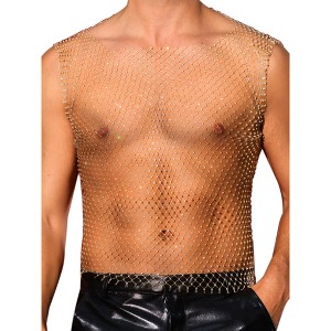 INSPIRE CHIC Men's Festival Fishnet Sheer Sparkly Rhinestone Tank Tops - 1 of 4