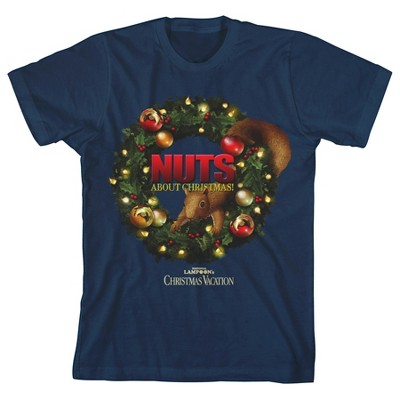 National Lampoon’s Christmas Vacation Squirrel in a Wreath “Nuts About Christmas” Youth Navy Blue Graphic Tee