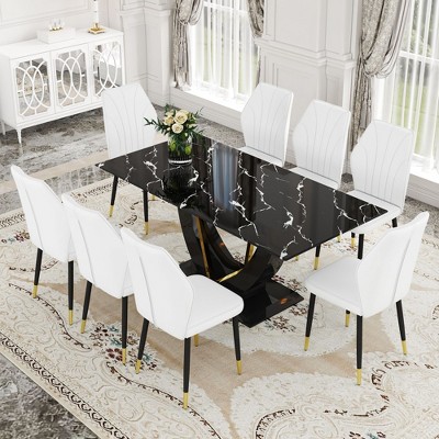 NicBex Dining Table Set for 8 Dining Room Table Set Black Marble Pattern Tempered Glass Dining Table Set with 8 PU Chairs for Dining Room