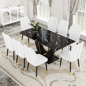NicBex Dining Table Set for 8 Dining Room Table Set Black Marble Pattern Tempered Glass Dining Table Set with 8 PU Chairs for Dining Room - 1 of 4