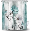 Paaaawaters Rustic Farmhouse Shower Curtain, Farm Teal Daisy Floral Flowers and Butterfly on Country Wooden Shower Curtain - 3 of 4