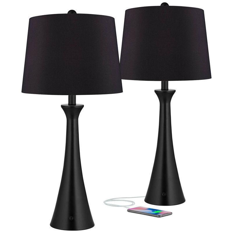 360 Lighting Karl Modern Table Lamps 28 1/4" Tall Set of 2 Black Metal with USB and AC Power Outlet in Base Faux Silk Shade for Bedroom House Home, 1 of 10