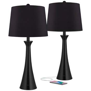 360 Lighting Karl Modern Table Lamps 28 1/4" Tall Set of 2 Black Metal with USB and AC Power Outlet in Base Faux Silk Shade for Bedroom House Home