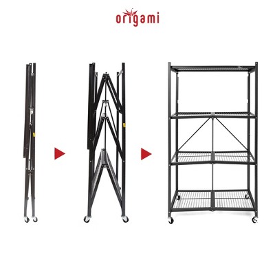 Black 4-Tier Foldable Steel Wire Shelving Unit with Wheels