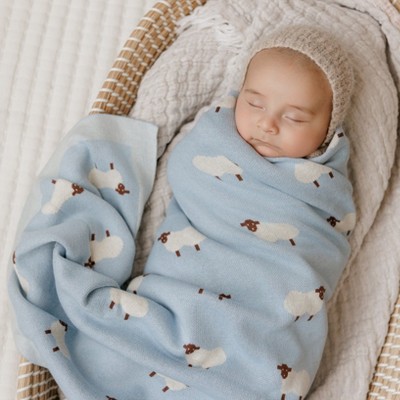 Baby Blue Cotton Knit Sheep Pattern Swaddle Blanket