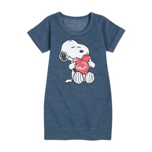 - Peanuts - Snoopy With Heart Graphic Short Sleeve Fleece Dress - 1 of 4