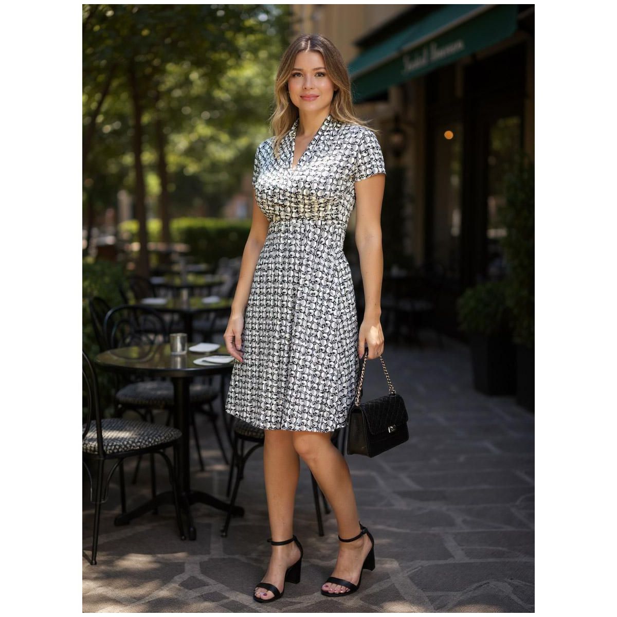 Womens Geometric V-Neck Short Sleeve Faux Wrap Knee Length A-Line Dress - 24seven Comfort Apparel™ - thumbnail 5