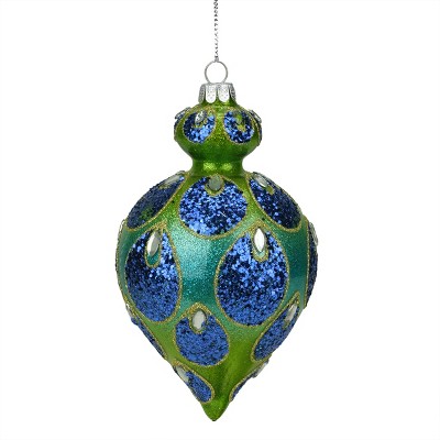 Northlight 5.25" Regal Peacock Blue and Green Glittered Glass Teardrop Finial Christmas Ornament