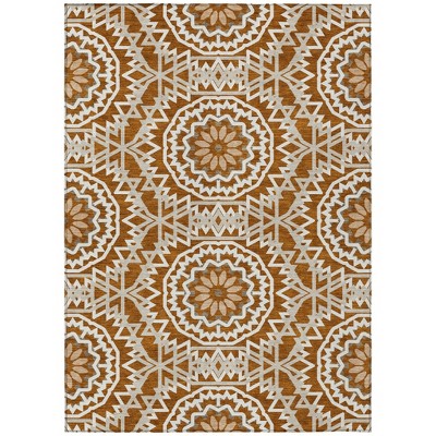 Orange Copper And Beige Floral Medallion Washable Indoor Outdoor Area Rug