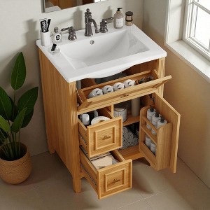 Mshliw 24" Freestanding Bathroom Vanity with Ceramic Sink, Flip Drawer & Adjustable Shelf, Solid Wood Frame, Faucet Not Included - 1 of 4