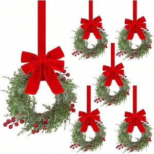 6 Pcs Small Wreaths Real Artificial Cedar Greenery with Berries 9.8 Inch Kitchen Cabinet Xmas Holiday Decoration Front Door - 1 of 4