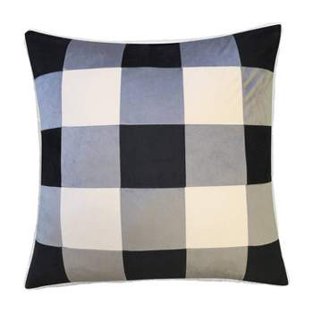 20"x20" Oversize Buffalo Check Color Blocked with Teddy Reverse Velvet Square Throw Pillow White/Black - Edie@Home