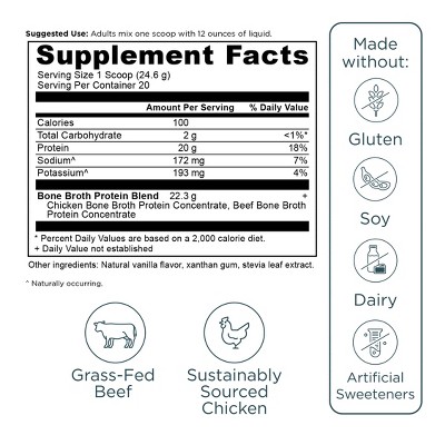 Ancient Nutrition Bone Broth Protein Powder - Vanilla - 17.4oz/20 Servings: Non-Dairy, 20g Protein Per Serving