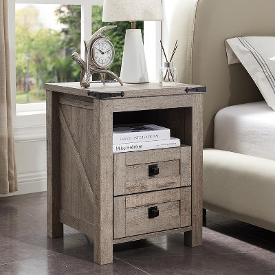 Farmhouse Nightstand wtih Charging Station, 18" End Table Side Table with 2 Drawers for Bedroom, Living Room