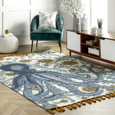 Handmade Octopus Floral Cotton Area Rug, 7'6" x 9'6", Multicolor