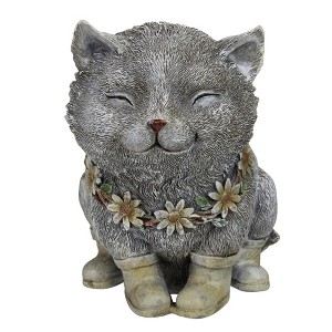 Roman 7.75" Gray and White Outdoor Pudgy Cat in Rain Boots Garden Statue - 1 of 3