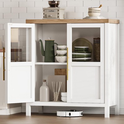 Homhougo 29" Large Buffet Sideboard Cabinet with 2 Glass Doors and Shelves, Modern Farmhouse Storage Cabinet Table Natural+White