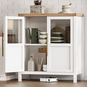 Homhougo 29" Large Buffet Sideboard Cabinet with 2 Glass Doors and Shelves, Modern Farmhouse Storage Cabinet Table Natural+White - 1 of 4