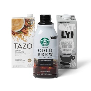 Tazo 32 fl oz Latte Chai Black Tea Concentrate + Starbucks 32 fl oz Cold Brew Coffee Concentrate + Oatly 32 fl oz Barista Edition Shelf Stable Oatmilk - 1 of 4