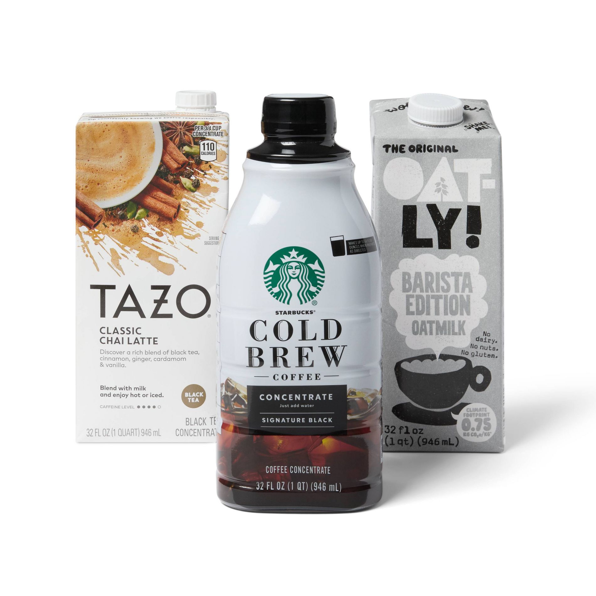 Tazo 32 fl oz Latte Chai Black Tea Concentrate + Starbucks 32 fl oz Cold Brew Coffee Concentrate + Oatly 32 fl oz Barista Edition Shelf Stable Oatmilk