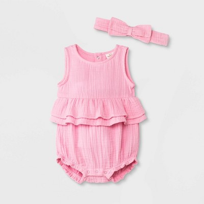 Baby Girls' Gauze Romper with Headband - Cat & Jack™ Pink 3-6M