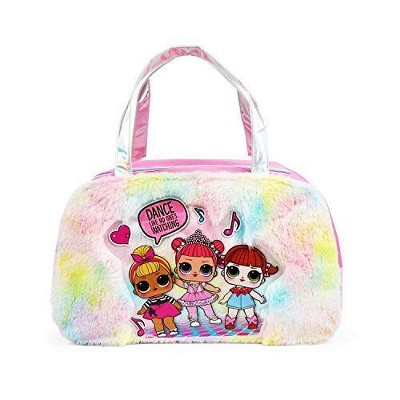 L.O.L. Surprise! Duffel Bag for Dance, Travel, Sports, or Gymnastics â€“ 18 x 9.5 x 6.5 inches, Rainbow Faux Fur