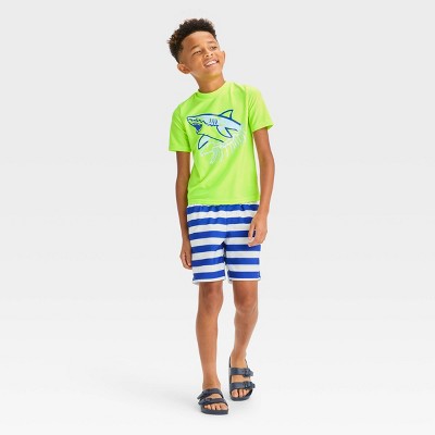 Boys' Short Sleeve Shark Printed & Striped Rash Guard Top & Swim Shorts ...