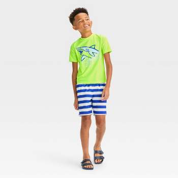 Boys' Short Sleeve Shark Printed & Striped Rash Guard Top & Swim Shorts Set - Cat & Jack™ White/Blue/Lime Green