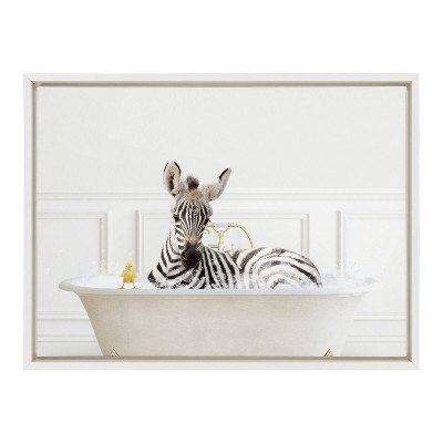 White Framed Canvas Print of Zebra in Bubble Bath, 18" x 24"