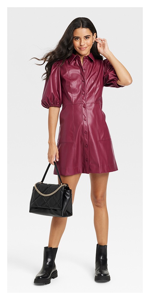 Women's Puff Short Sleeve Faux Leather A-Line Dress - A New Day™ Burgundy XL