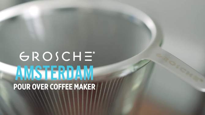 GROSCHE AMSTERDAM Pour Over Coffee Maker with Double Layer Permanent Stainless Steel Coffee Filter, 28.7 fl oz. Capacity, 2 of 11, play video