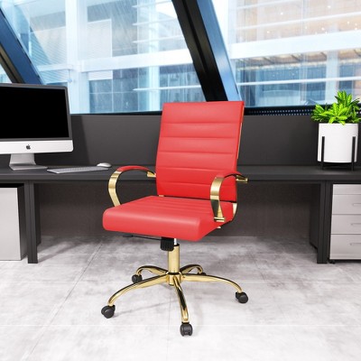 Mid-Century Red Leather Swivel Office Chair with Gold Metal Frame