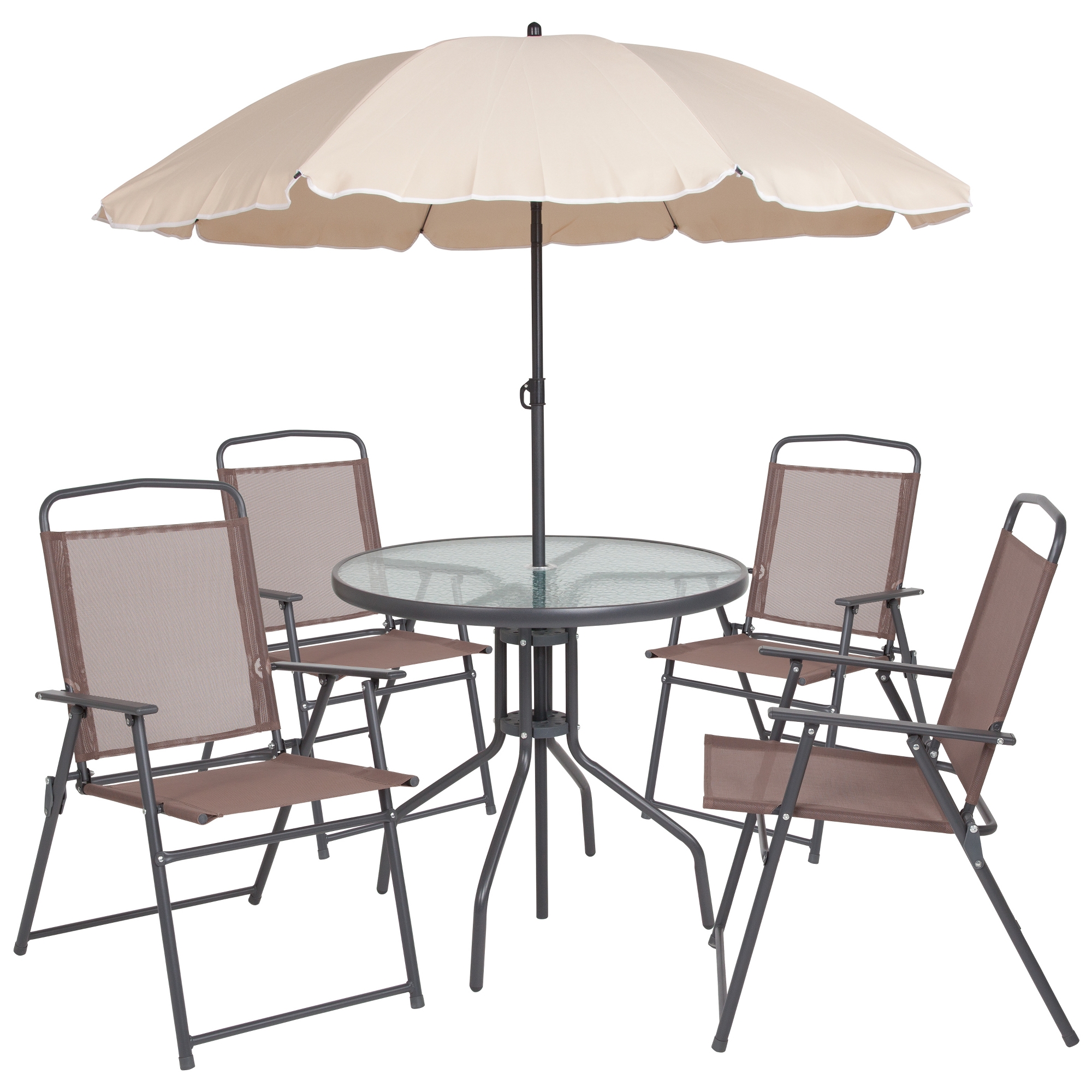 Brown Patio Garden Set with Umbrella Table and Set of 4 Folding Chairs