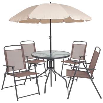 Emma and Oliver 6 Piece Patio Garden Set with Table, Umbrella and 4 Folding Chairs