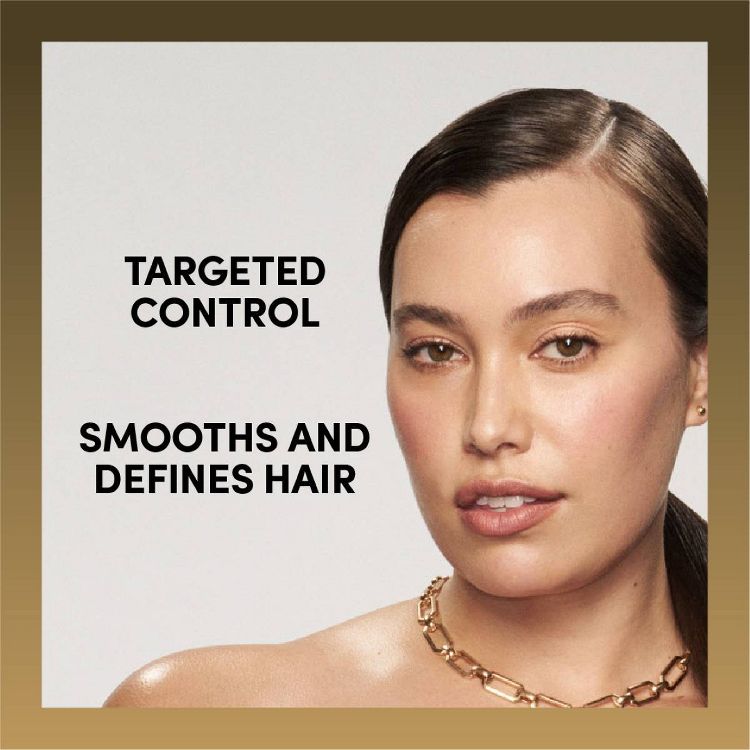 A person with smooth, defined hair is shown alongside the text "TARGETED CONTROL SMOOTHS AND DEFINES HAIR."