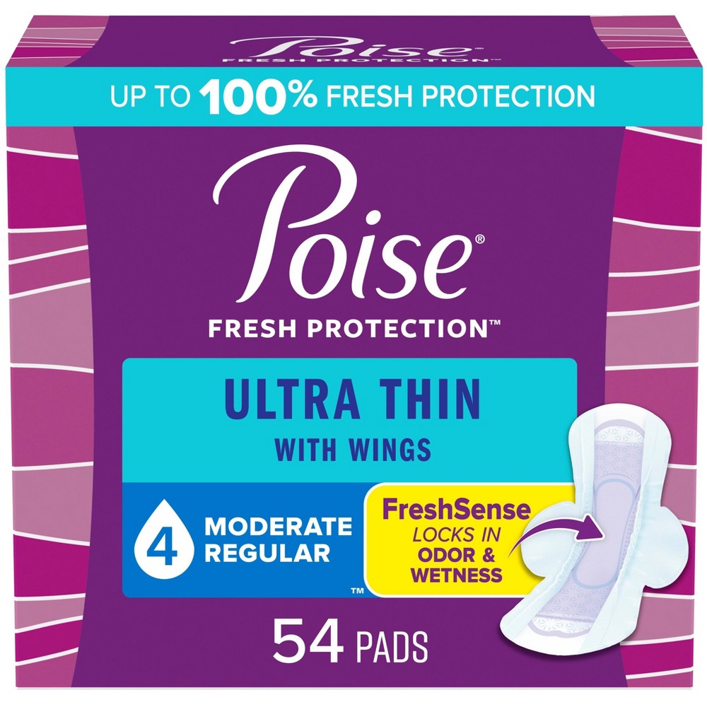 Poise Ultra Thin Incontinence Pads with Wings for Women - Moderate Absorbency - 4 Drop - Regular - 54ct