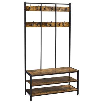 Tribesigns Shoe Storage Entryway Shoe Bench with Wall Mounted Coat Rack and  7 Hooks Vintage Oak
