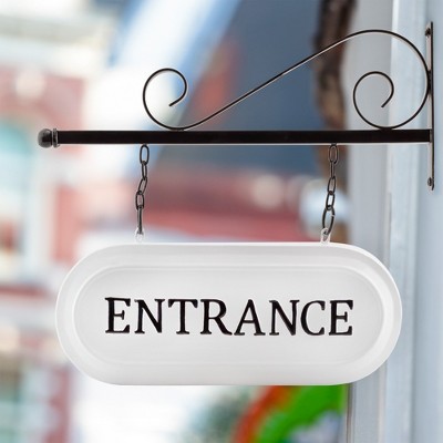 White and Black Enamelware Wall-Mounted Entrance Sign with Metal Bracket