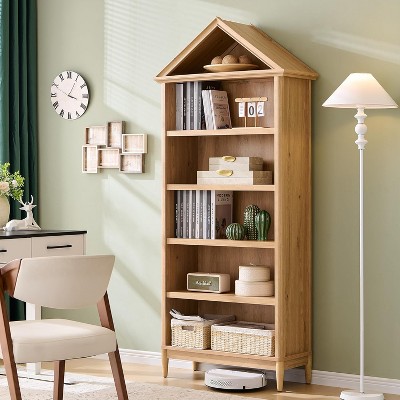 Bookshelf with Adjustable Shelves, 75.9" Tall Wide Bookshelf with Storage, 5 Tiers Open Shelves Bookcase with Triangular Top, Natural