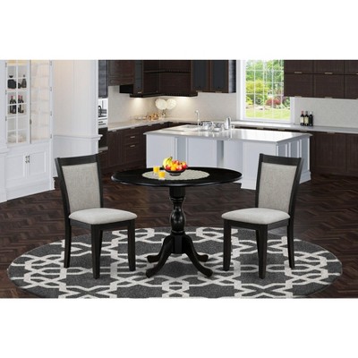 East West Furniture 3-Piece Dining Room Set Consists of a Pedestal Table with Drop Leaves & 2 Light Tan Linen Fabric Dining Chairs - Antique Walnut