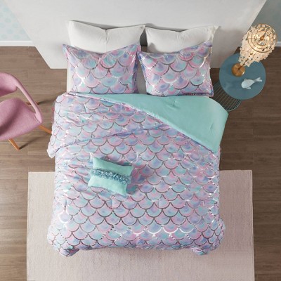 Twin/Twin XL 3pc Daphne Metallic Printed Reversible Comforter Set Aqua/Purple