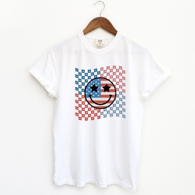 Simply Sage Market Women's Checkered Patriotic Smiley Face Short Sleeve Garment Dyed Tee